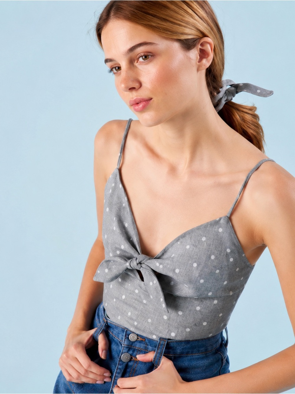 Reformation Gray Polka Dot Linen Blend Tie Front Cami Top XS